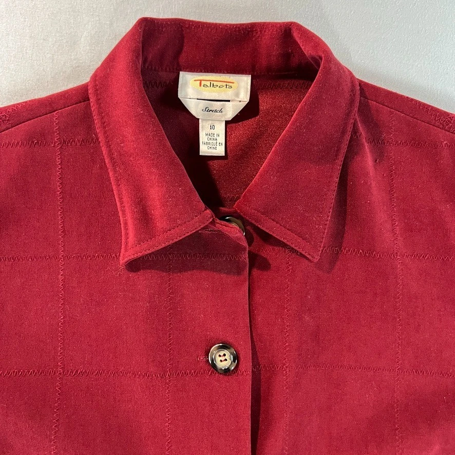 Talbots Women's Red Faux Suede Stretch Jacket Size 10 Button Front Ribbed Knit S - Image 2 of 4