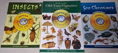 3 Dover Clip Art Books W/CD-Rom- Sea Creatures, Old-Time Vignettes, Insects- PB