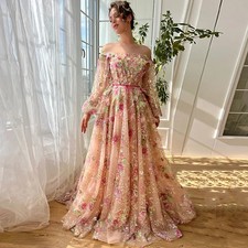Luxury Pink Prom Dresses O Neck Puff Sleeves Lace Sequin 3D Flowers Evening Gown