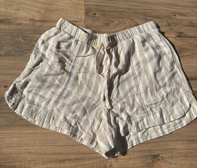 Universal Thread Women s M Beige/White Striped Elastic Waist Drawstring Shorts