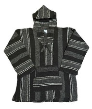 Mexican Baja Hoodie Poncho Black Gray Striped M Made in Mexico Unisex  
