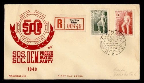 DR WHO 1949 FINLAND FDC SOC DEM PARTY COMBO M78762