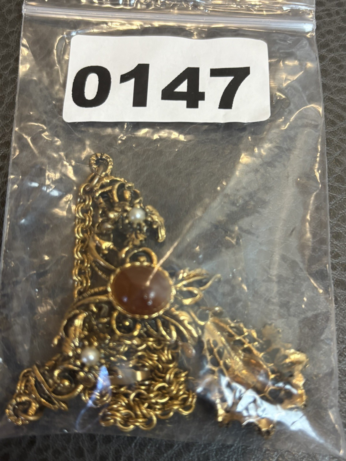 Vintage Victorian Revival Faux Carnelian Cabochon Faux Pearl Festoon Necklace