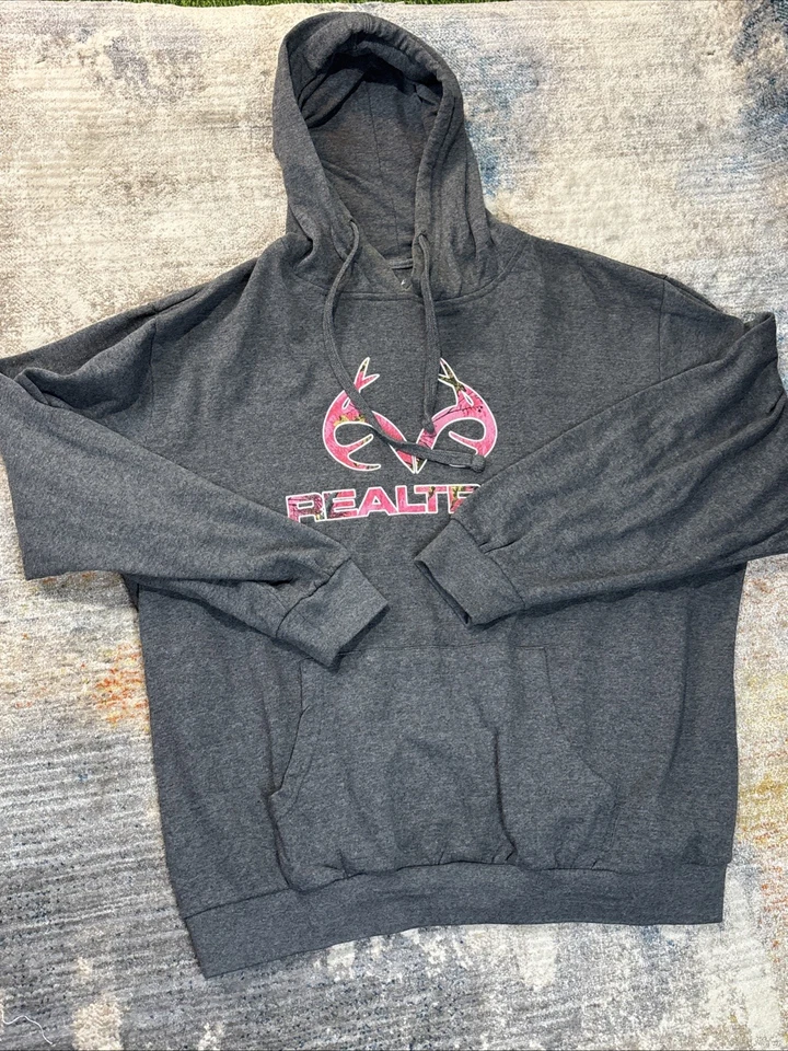 女式 Realtree 粉红色迷彩标志连帽衫灰色套衫 L 码  — 第 2/4 张图片