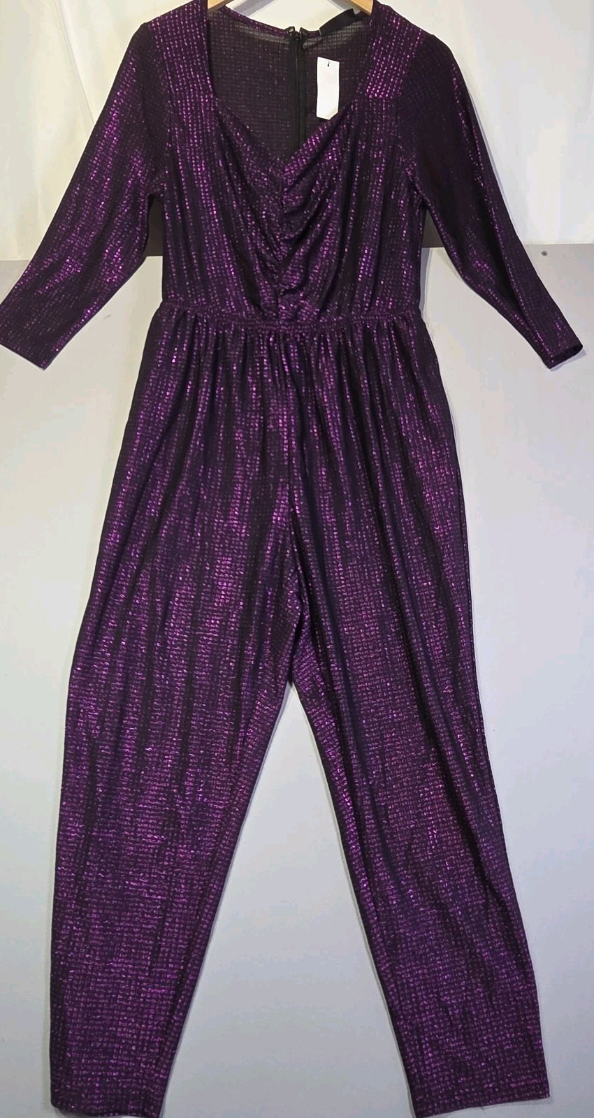 Lane Bryant Metallic Purple Jumpsuit Womens 10/12 Ruched Wide Leg Back Zip Party
