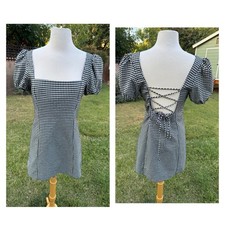 Zara Black White Gingham Puff Sleeve Mini Dress Lace Up Back Stretch Size M