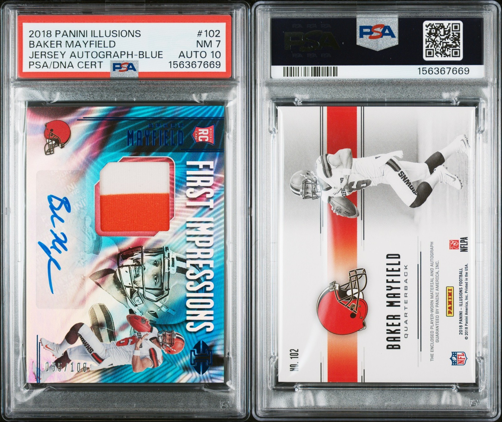 2018 BAKER MAYFIELD 55/100 PANINI ILLUSIONS JERSEY AUTOGRAPH BLUE PSA 7 AUTO 10 view 3