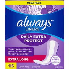 Always Daily Extra Protect Panty Liners, Extra Long Length, Unscented, 116 Count