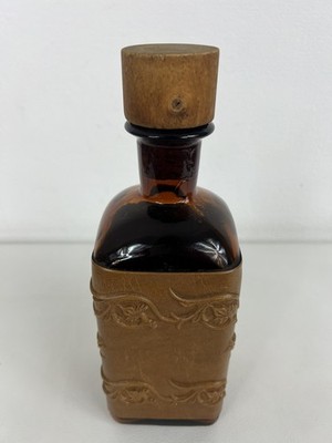 Vintage Spanisch Cognac Conac Geprägtes Leder Umwickelt Flasche Dekanter Holz Top