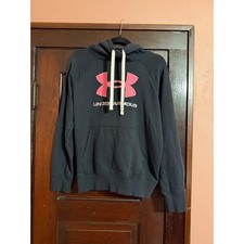 Under Armour Womens Rival Fleece Hoodie Black Pink Big Logo Sweatshirt MD