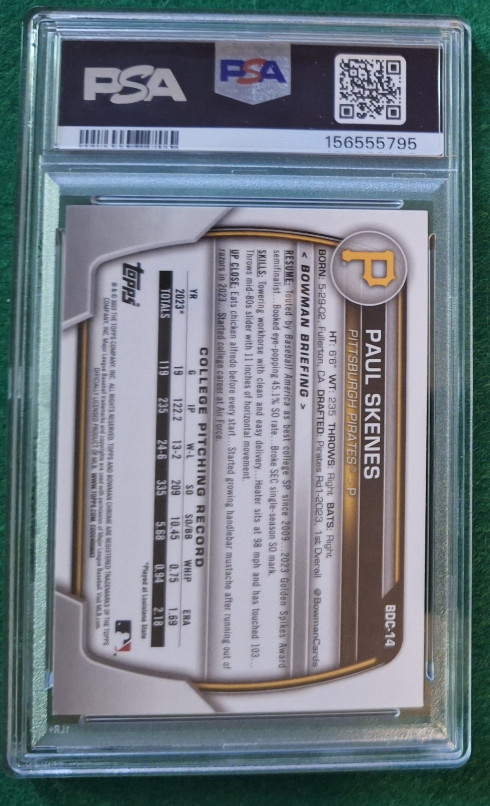 2023 Bowman Draft Chrome Paul Skenes PSA 8 #BDC-14 Pirates view 3