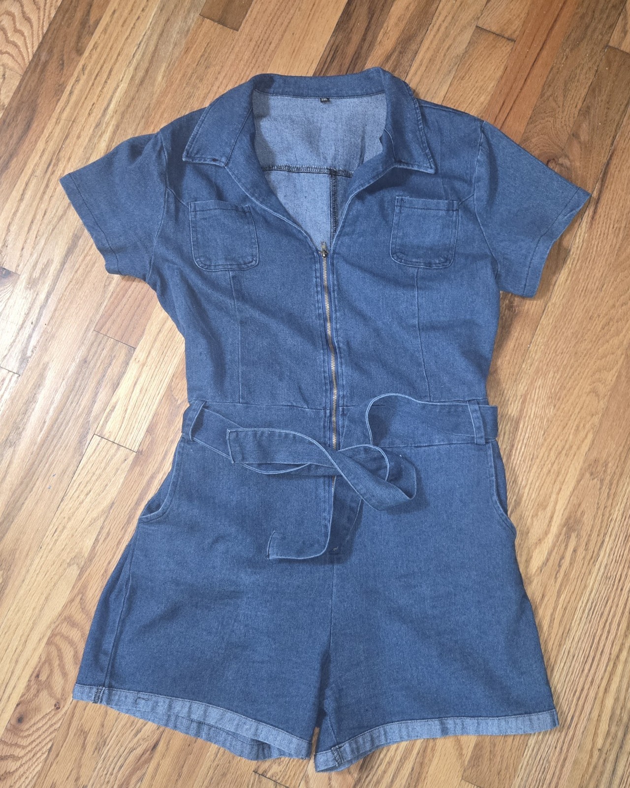 Blue Denim Short Sleeve Zip Romper with Belt, Pockets, Collared, m/l