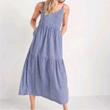 Old Navy Blue White Gingham Midi Dress Womens Medium Cotton Rayon Tiered Strappy