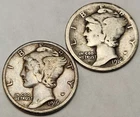 1916 P S Mercury Dimes (2) Coin Lot, 90% Silver Coins, Great 4 Albums M-16AB24