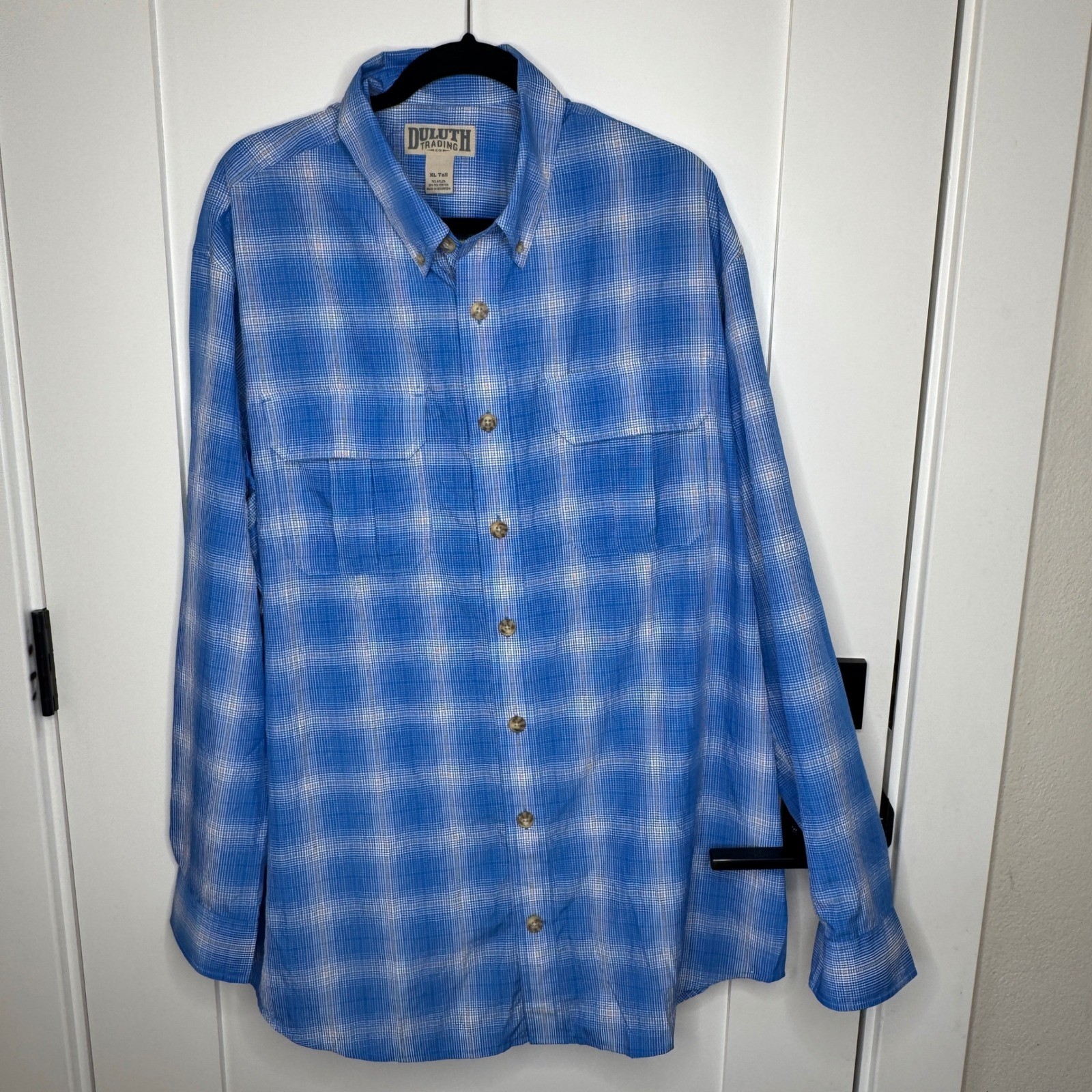 Duluth Trading Co. Mens Armachillo Cooling Long Sleeve Blue Plaid Shirt XL Tall