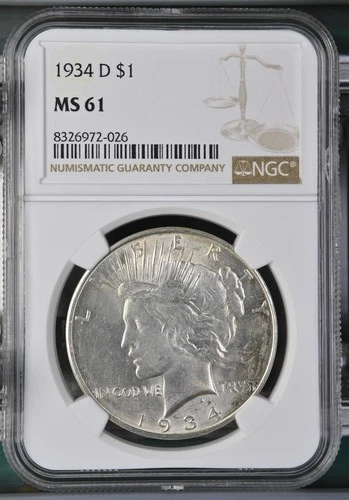 1934 D $1 Peace Silver Dollar - NGC MS61 - Free Shipping