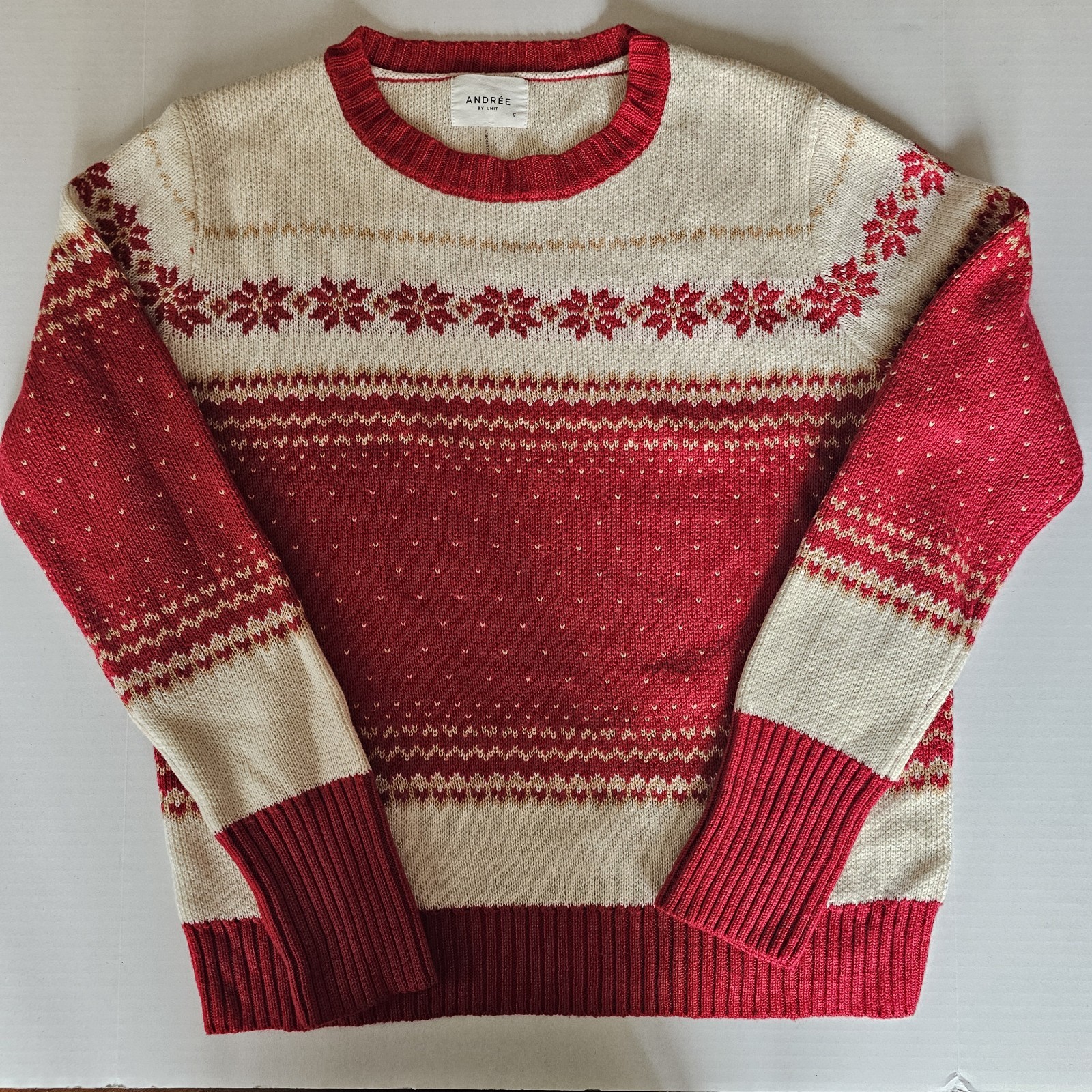 Andrée By Unit Wool Blend Fair Isle Holiday Sweater S Cozy Festive Cabincore Red