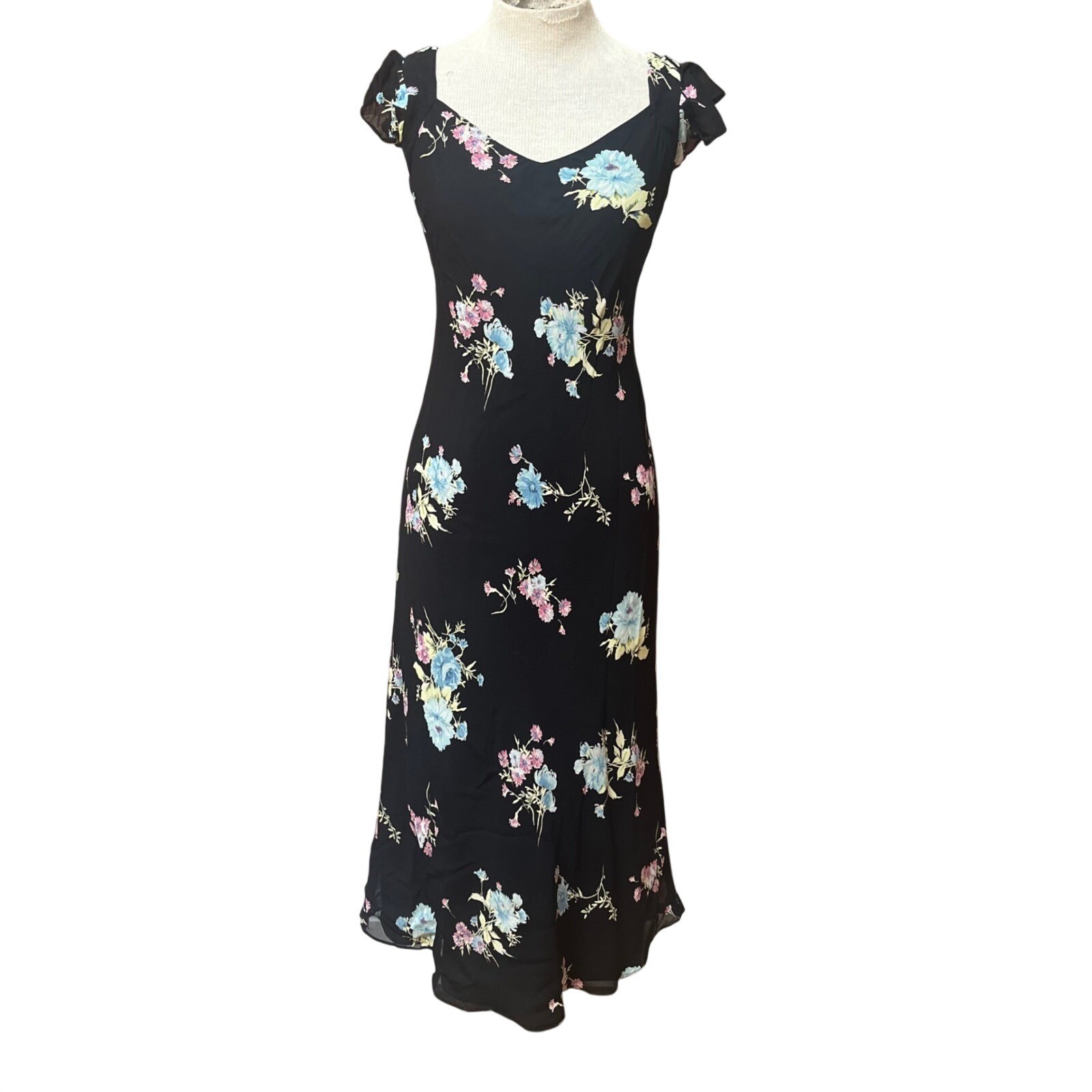 Evan-Picone Vintage 90s Black Floral Flutter Sleeve Midi Dress Size 4 Feminine