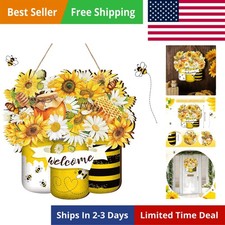 Bee Welcome Yellow Hanging Front Door Summer Decorations for Home Hanger Wood...