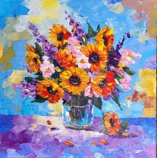 Tableau HUILE 40x40 NOLAC - Soleils en bouquet - ORIGINAL Couteau 2025