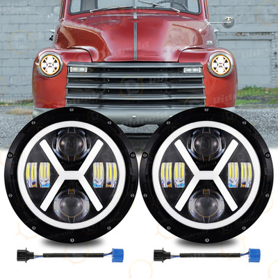 Pair 7'' LED Rould Headlights White&Amber Halo For Chevy C10 Camaro Pickup Truck