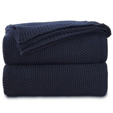 Dark Navy Blue Cotton Cable Knit Throw Blanket Couch Sofa Bed 60x80 Inch