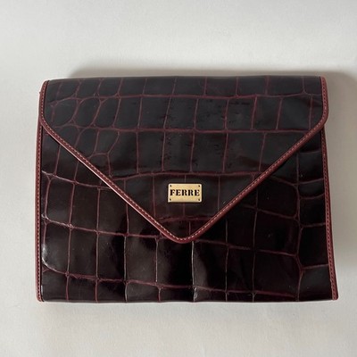 Vintage Gianfranco Ferré Burgundy Croc Embossed Leather Clutch Bag Made in Italy