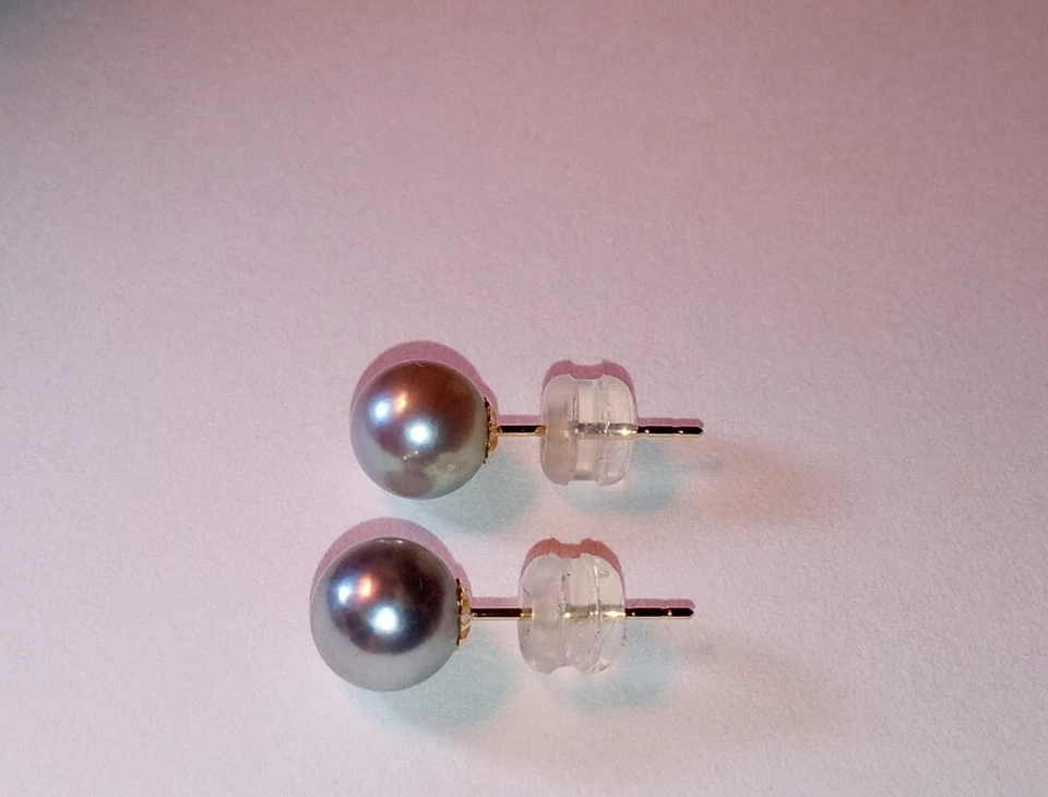 $1100, 7mm silver blue Akoya Pearl stud earrings 18kt Solid Yellow Gold New - Image 3 of 4