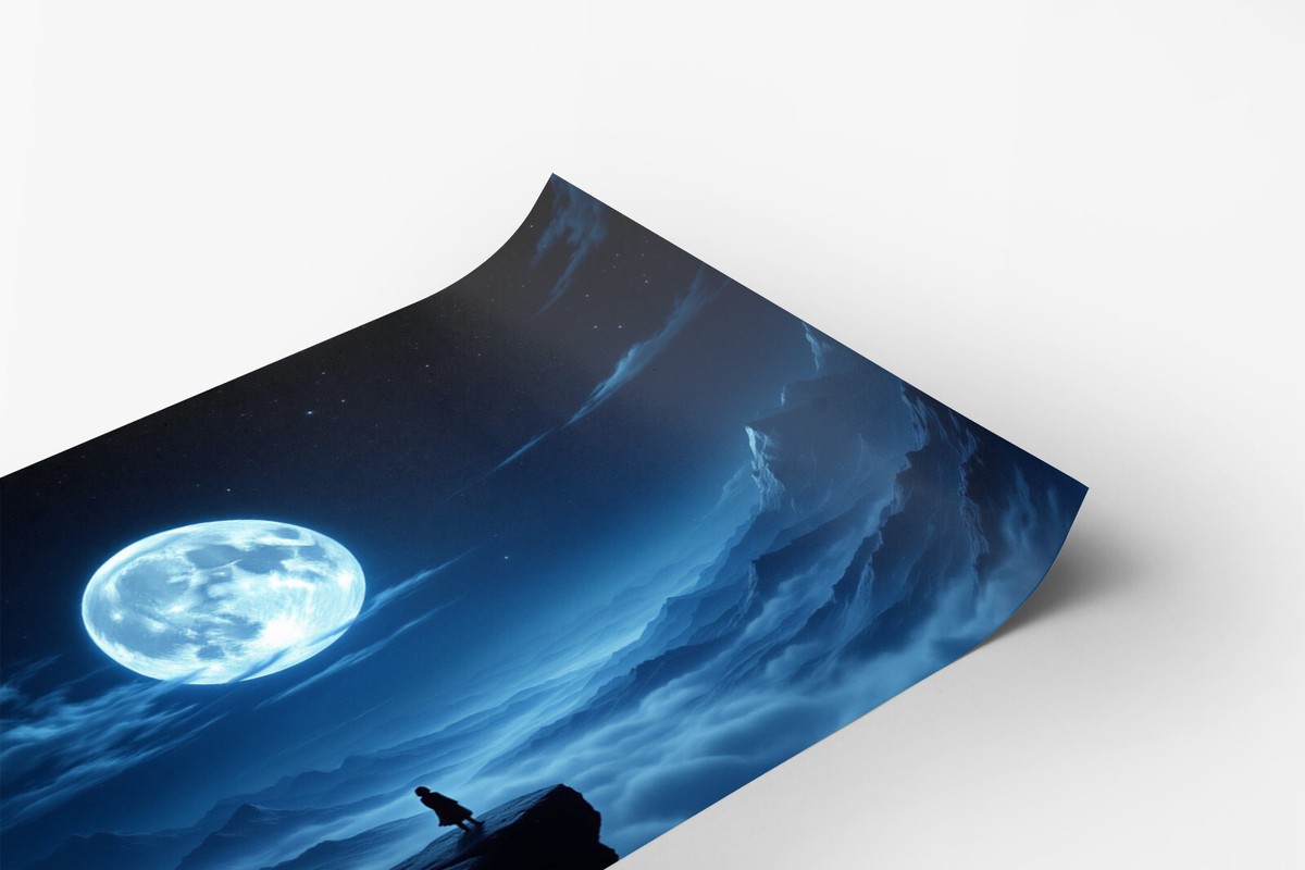 Lone Figure on Cliff Edge at Full Moon over Misty Mountains Poster