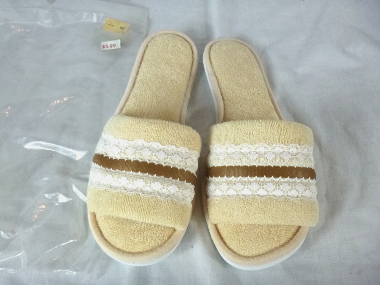 SAOLA NOS Vintage Fluff Scuff Terrycloth Pantofole Suola in Gomma Marrone con Nastro e Pizzo Taglia XL