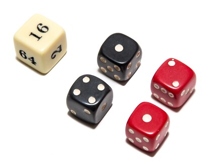 BACKGAMMON DICE SETTWO OF EACH  BLACK AND RED1/2'' SQ. WITH DOUBLING CUBE
