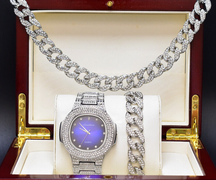 HIP HOP ICED HEAVY SILVER PT BLUE DIAL LAB DIAMOND WATCH 