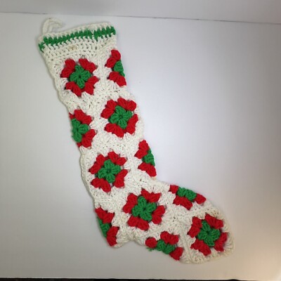 Christmas Stocking Vintage Handmade Crocheted Red, Green, White  Granny Squares 