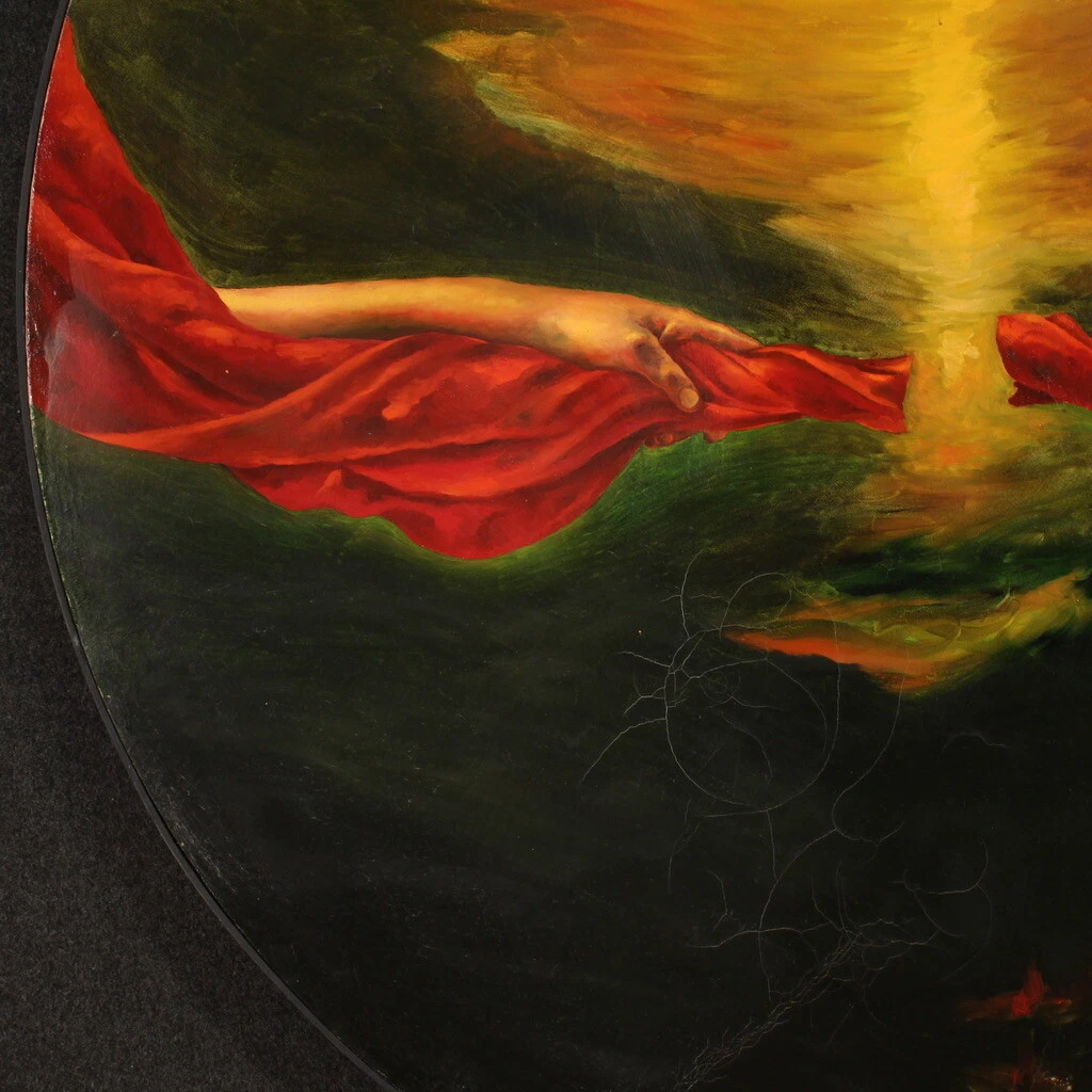 Pintura italiana redonda oleo sobre lienzo firmada fechada 1988 expresionista