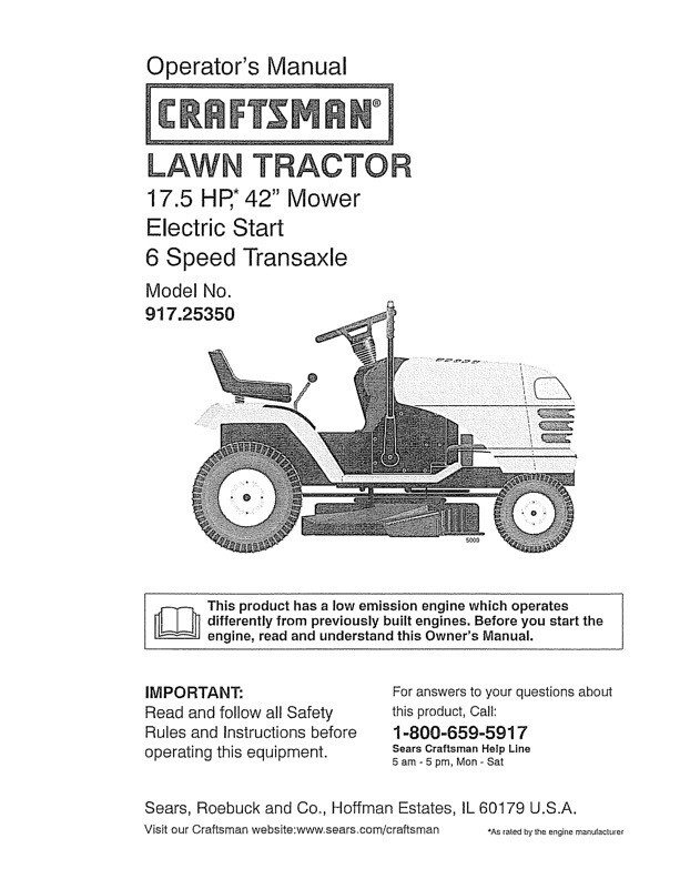 Owner’s Manual Sears Craftsman HP Lawn Tractor 42” Mower Model 