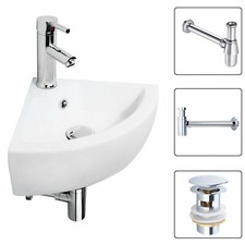 Modern Corner Basin Sink Wall Hung Ceramic Bathroom Corner Sink and Mixer Waste