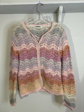 VTG Mariea Kim Pastel Rainbow Crocheted Cardigan Sweater L Cottage Grandma