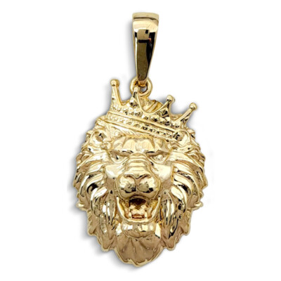 Real 14K Yellow Gold Lion Pendant Crooked Tilted Crown 3 Sizes, Leo King Pendant
