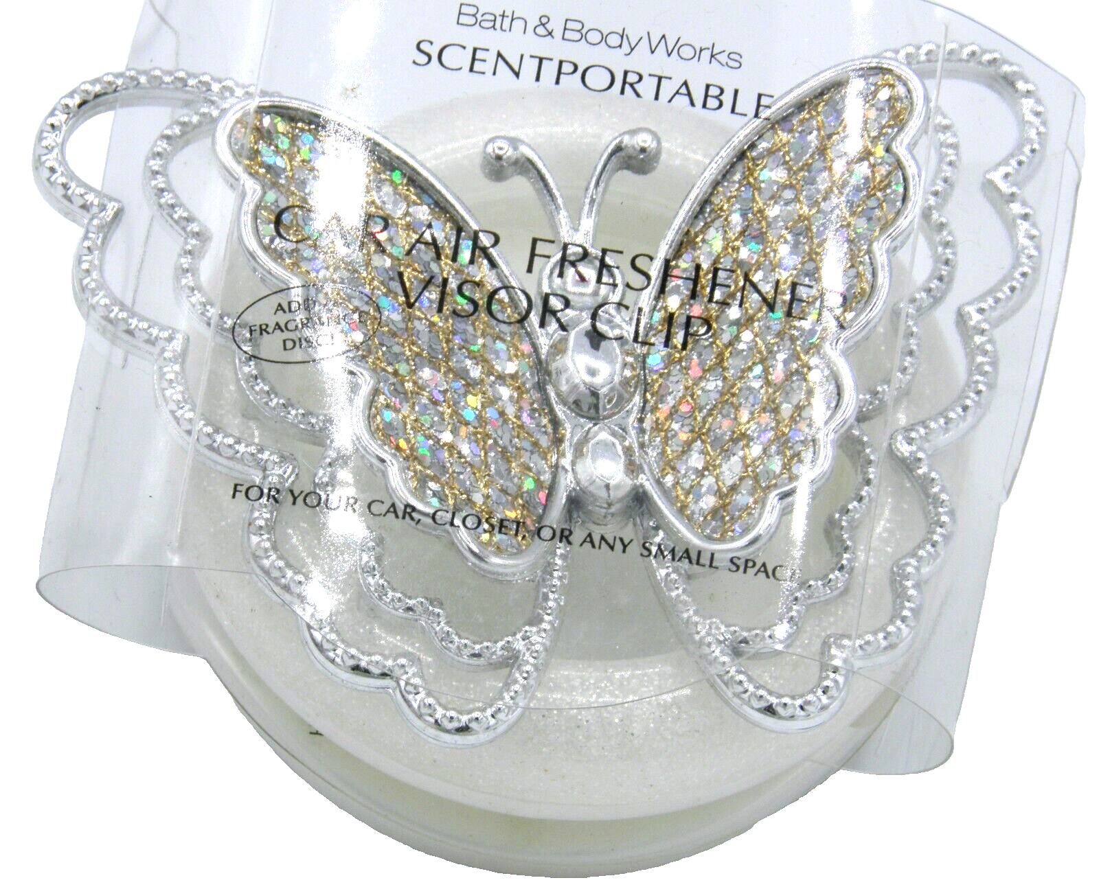 Bath & Body Works Silver Gemstone Butterfly Car SCENTPORTABLE VISOR CLIP RARE