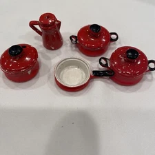 Vintage Doll House Miniatures, 9 Piece Red Enamelware Tea Set (1/2-1.5in)