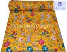 Indian Embroidery Kantha Quilt Bedspread Floral Throw Cotton Yellow
