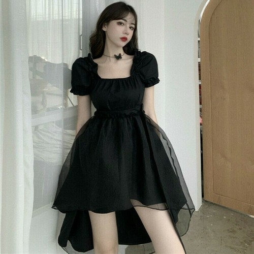 Lady A Line Dress Retro Lolita Puff Sleeve Mesh Tail High Waist Gothic Punk Sexy - Picture 1 of 7