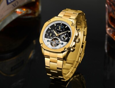 Herrenuhren Automatik Mechaniker Design Armbanduhr Gold Schwarz Edelstahl NEU