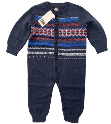 NWT Tea Collection Baby Boys 6-9 Months Blue Fair Isle Holiday Sweater Romper