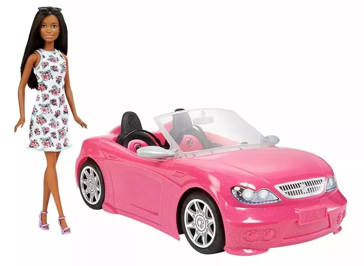 Barbie Doll & Convertible Car Brunette Figure Pink Vehicle Mattel