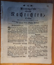 Meiningen 17.4. 1779 Zeitung Getreide-Brot-Fleisch-Preise Dresden England