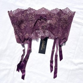 Dita Von Teese 3 Piece Lingerie Set Amethyst Lurex Lace Bra 34DD Bikini M Garter