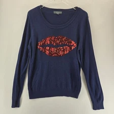 Saks Fifth Ave Sweater Womens Large Sequin Kiss Lips Bling Blue Angora Novelty