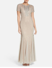 ADRIANNA PAPELL  BEADED SEQUIN EMBELLISHED MERMAID SILVER/NUDE GOWN sz 12