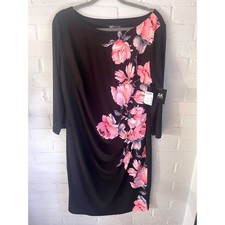 NWT AK Anne Klein Black Floral Print Sheath Dress XL Boat Neck 3/4 Sleeve Ruched